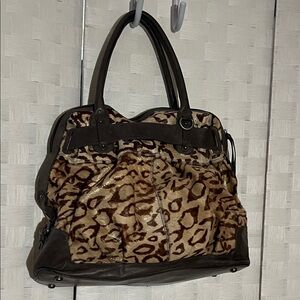 Leopard Print Calf Hair Leather Shoulder Bag brown Taupe Eye Catching Luxury